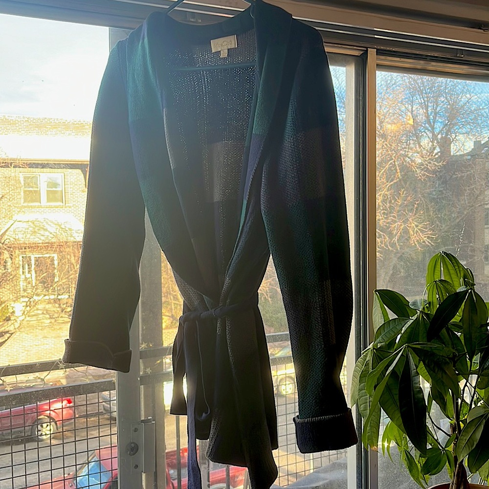 Large ModCloth tie front green checked cardigan